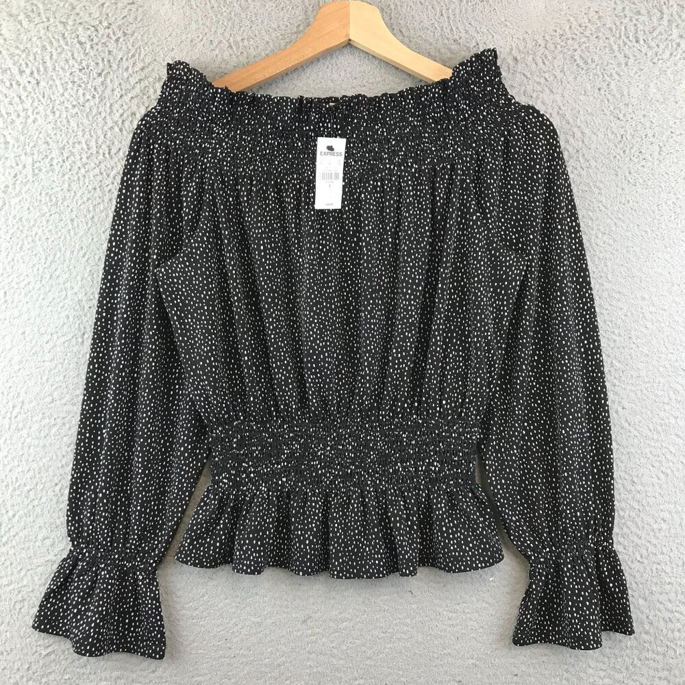 New Express Black & White Polka‎ Dot Off-Shoulder Smocked Blouse S